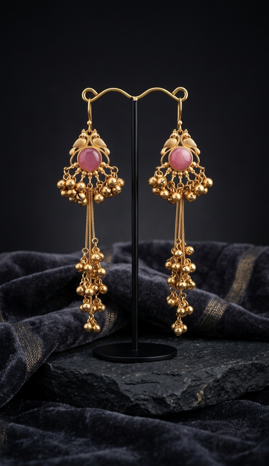Zarvika Kashmiri Gold Mayur Chandelier Earrings with Hanging Ghungroo