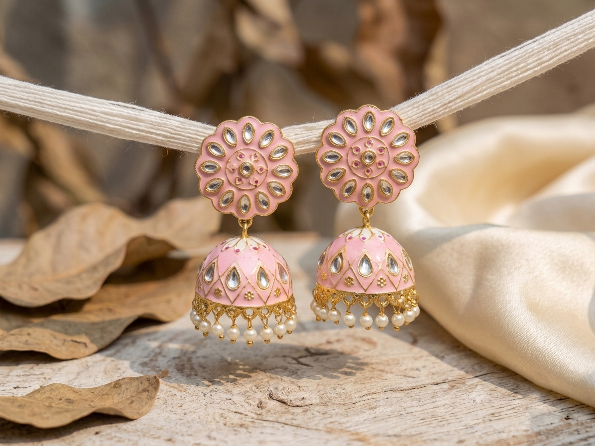 Zarvika Floral Bloom Hand-Painted Jaipuri Meenakari Jhumkas