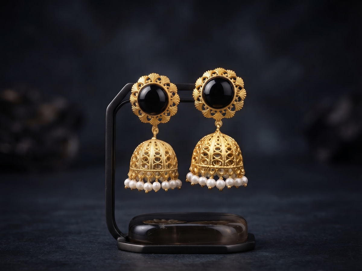 Zarvika Royal Solitaire Cabochon Antique Gold Brass Jhumkas