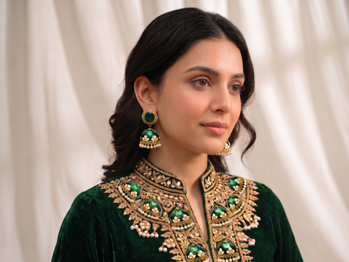 Zarvika Halo Cabochon Jaipuri Hand Painted Meenakari Jhumkas