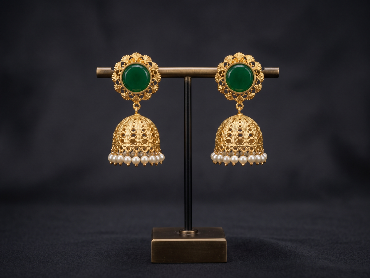Zarvika Royal Solitaire Cabochon Antique Gold Brass Jhumkas