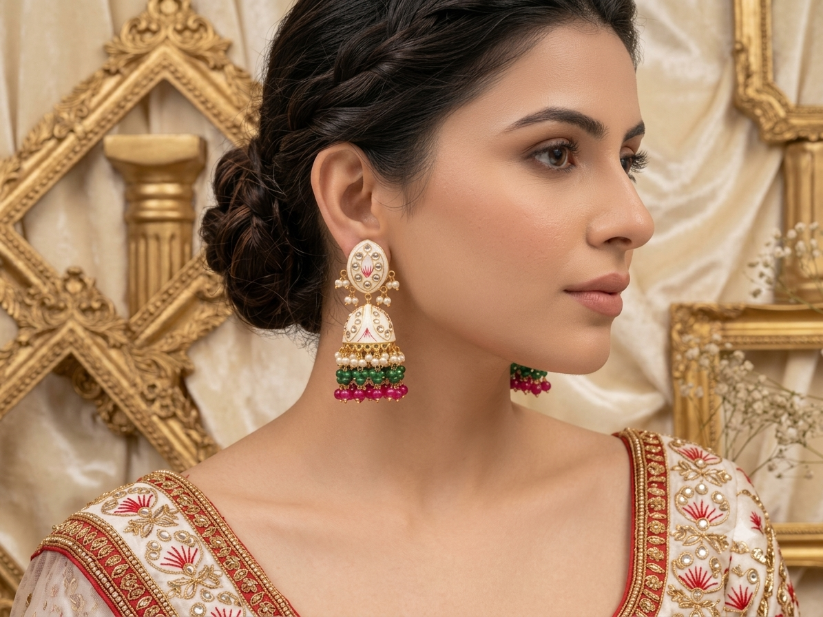 Zarvika Jaipuri Hand painted Meenakari Earrings with Kundan