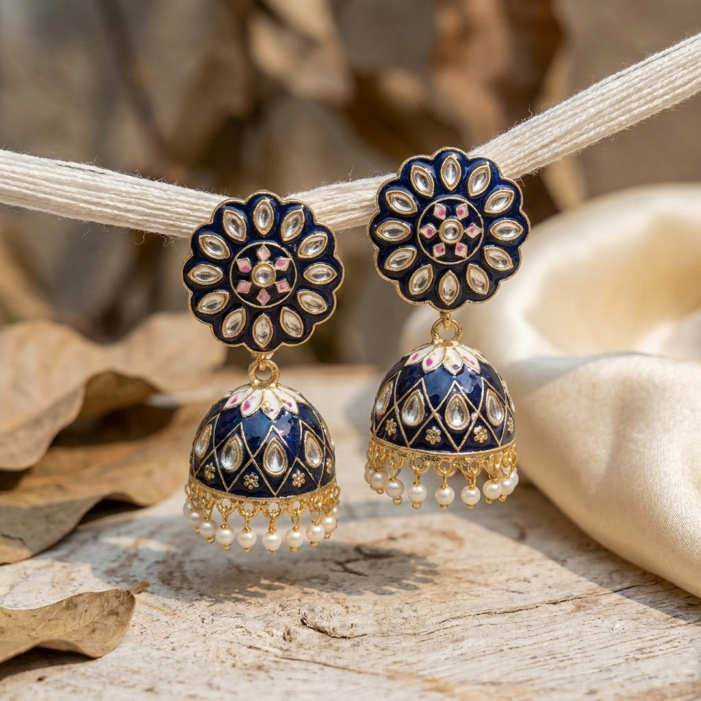 Zarvika Floral Bloom Hand-Painted Jaipuri Meenakari Jhumkas