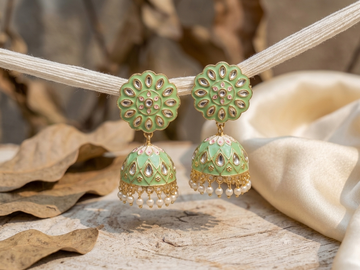 Zarvika Floral Bloom Hand-Painted Jaipuri Meenakari Jhumkas