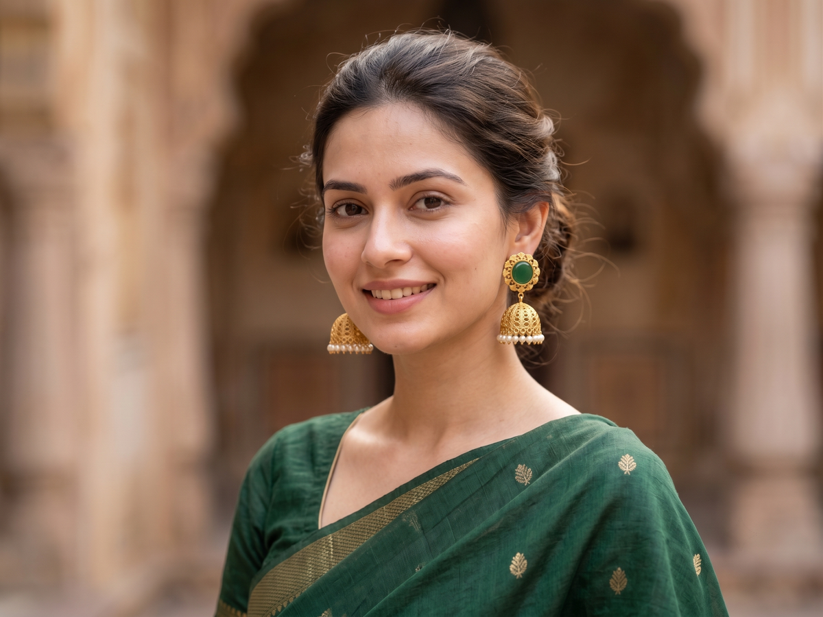 Zarvika Royal Solitaire Cabochon Antique Gold Brass Jhumkas