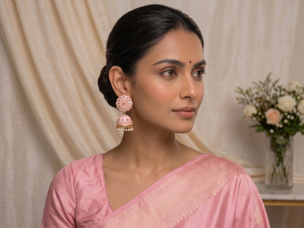 Zarvika Floral Bloom Hand-Painted Jaipuri Meenakari Jhumkas