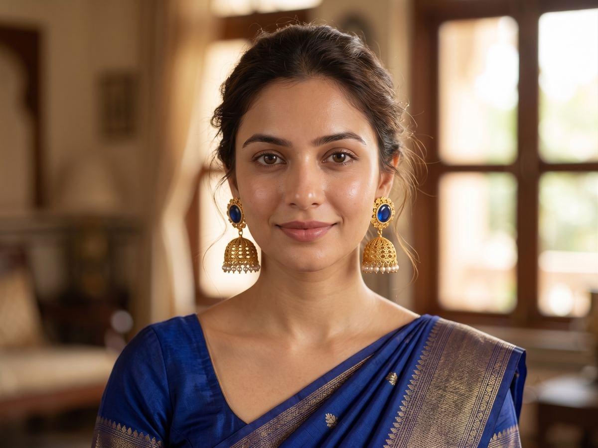Zarvika Royal Solitaire Cabochon Antique Gold Brass Jhumkas