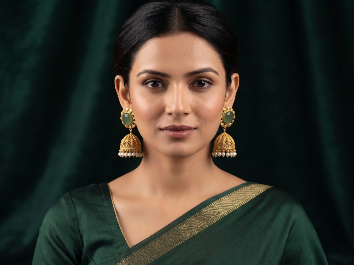 Zarvika Royal Solitaire Cabochon Antique Gold Brass Jhumkas