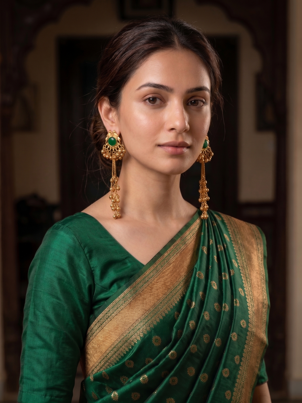 Zarvika Kashmiri Gold Mayur Chandelier Earrings with Hanging Ghungroo