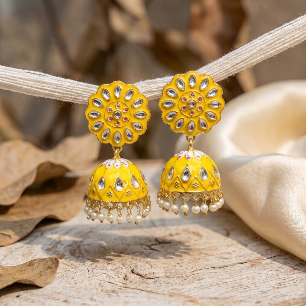 Zarvika Floral Bloom Hand-Painted Jaipuri Meenakari Jhumkas