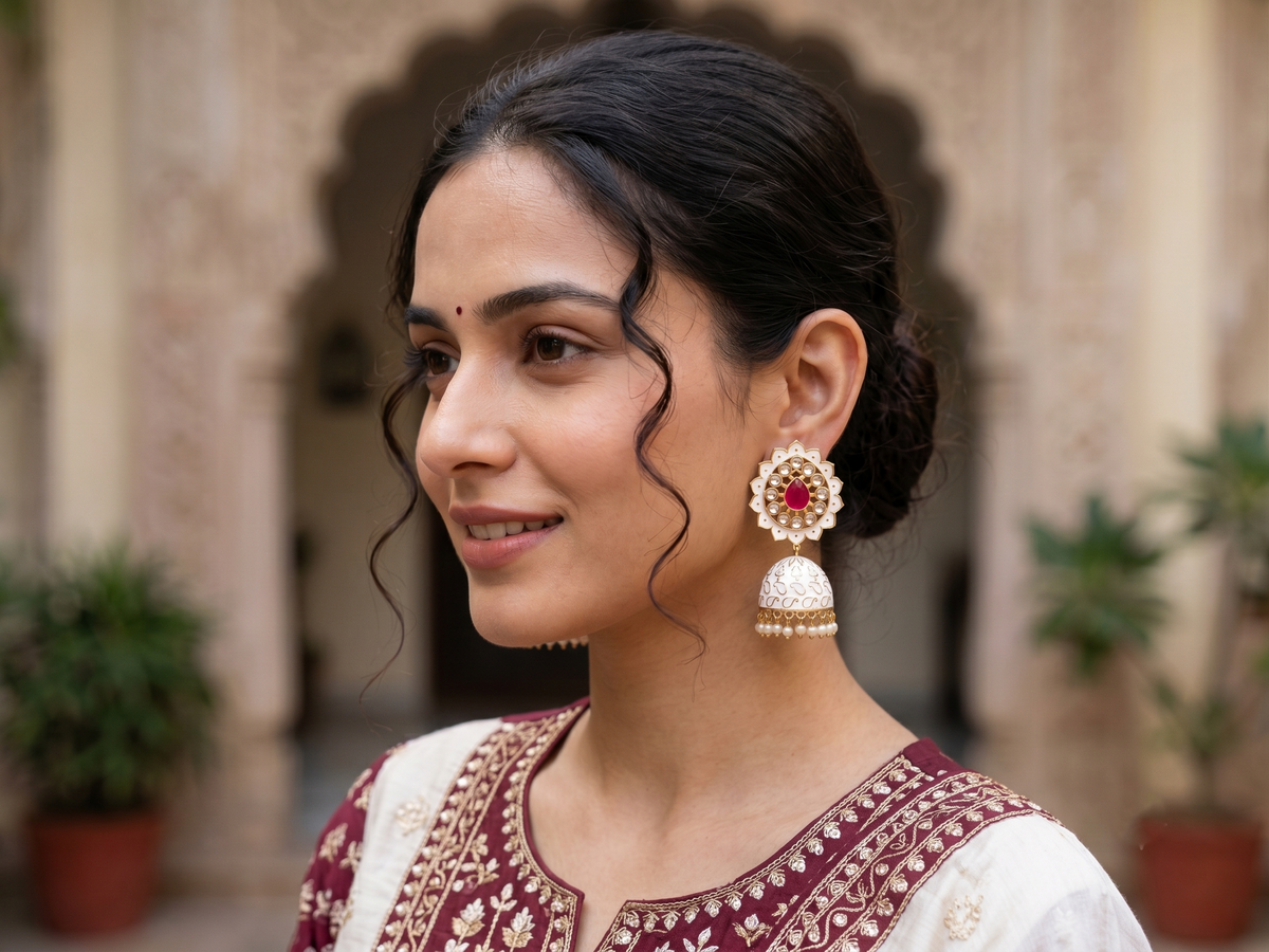 Zarvika Jaipur Hand Painted Earrings with Ruby Glass Stone
