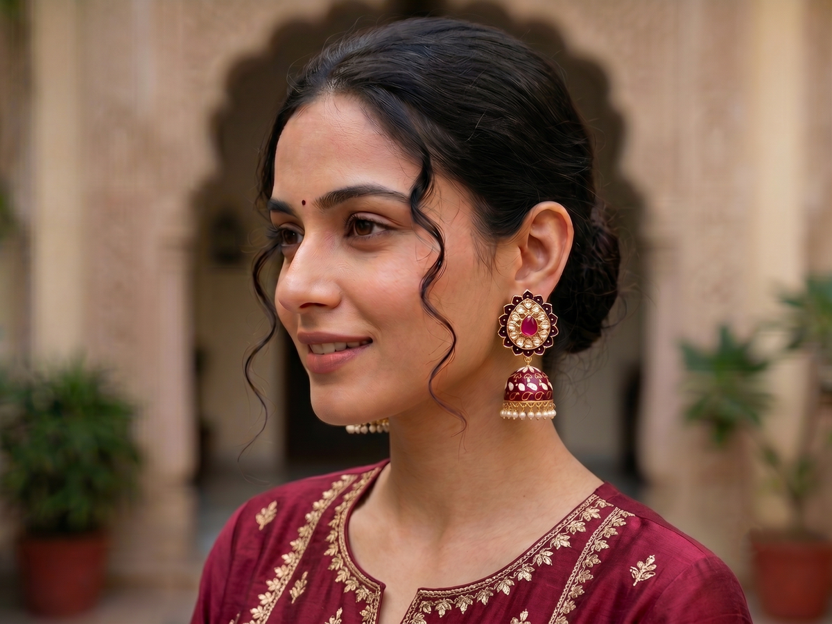 Zarvika Jaipur Hand Painted Earrings with Ruby Glass Stone