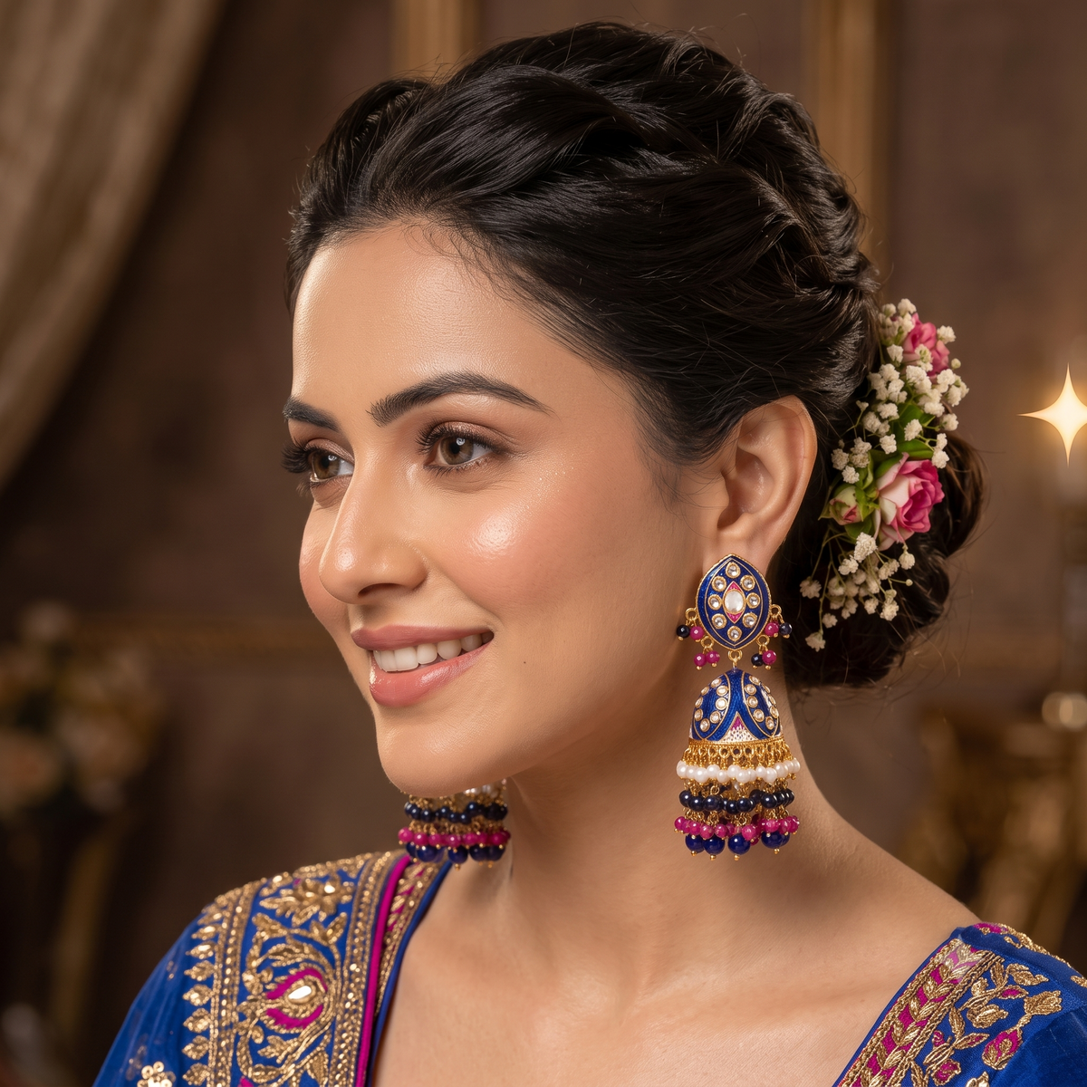 Zarvika Jaipuri Hand painted Meenakari Earrings with Kundan