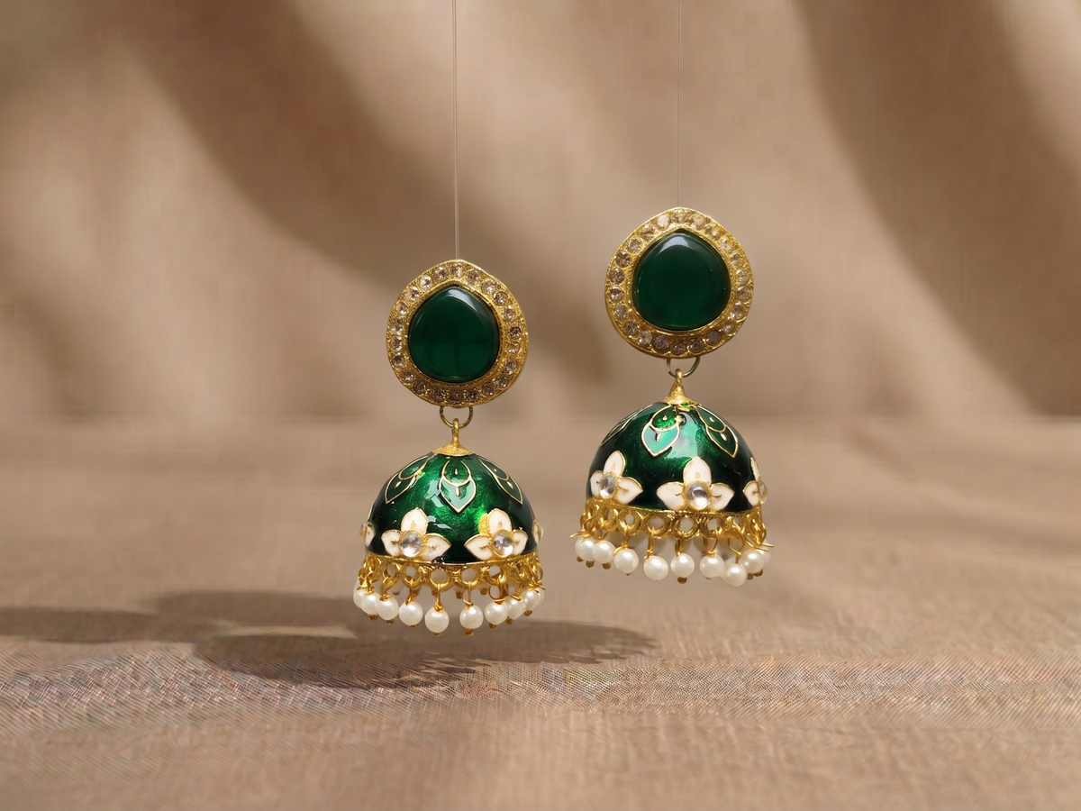 Zarvika Halo Cabochon Jaipuri Hand Painted Meenakari Jhumkas