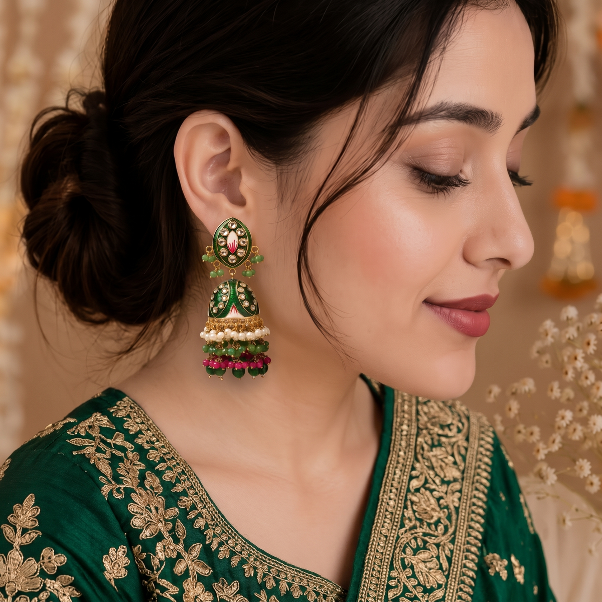 Zarvika Jaipuri Hand painted Meenakari Earrings with Kundan