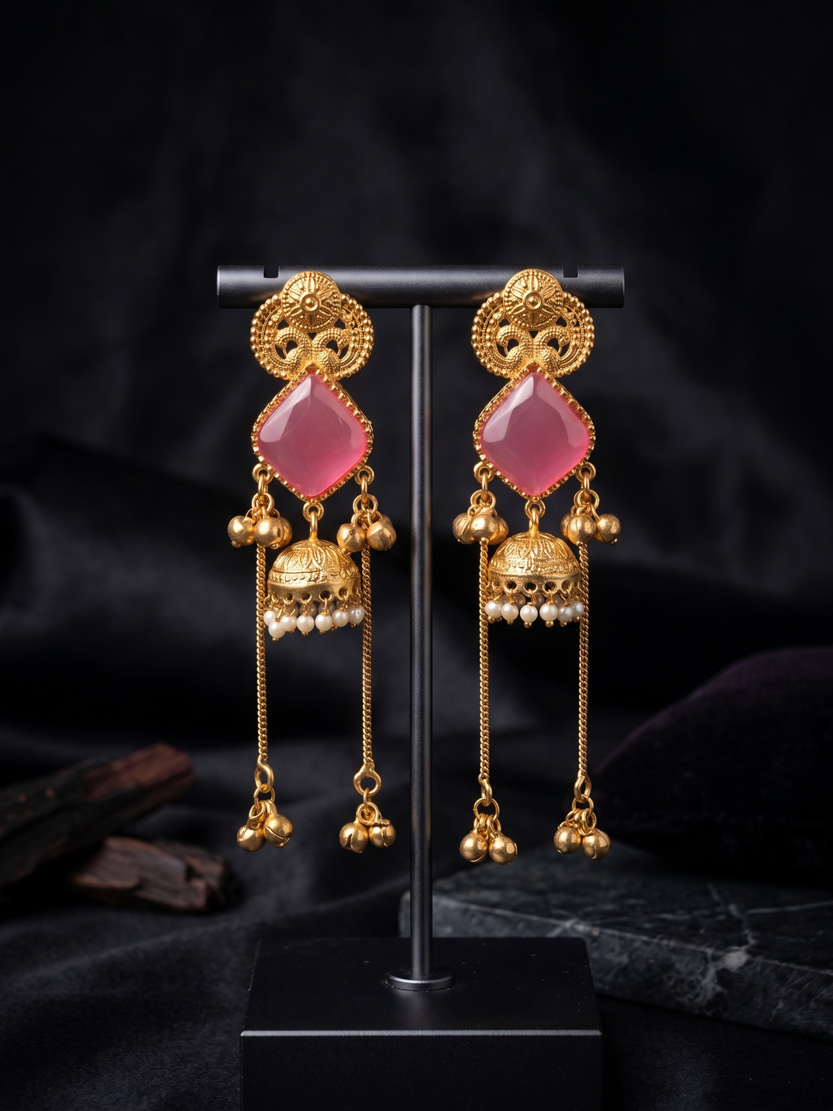 Zarvika Kashmiri Geometric Rhombus Jhumkas with Long Ghungroo Chain