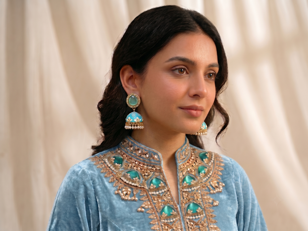 Zarvika Halo Cabochon Jaipuri Hand Painted Meenakari Jhumkas