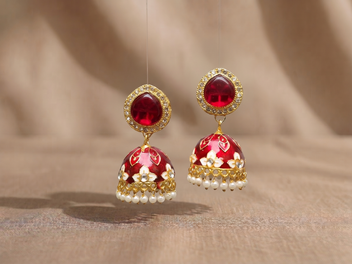 Zarvika Halo Cabochon Jaipuri Hand Painted Meenakari Jhumkas