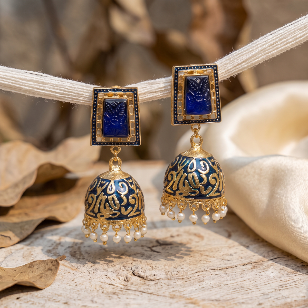 Zarvika Geometric Carved Stone Jaipuri Hand Painted Meenakari Jhumkas