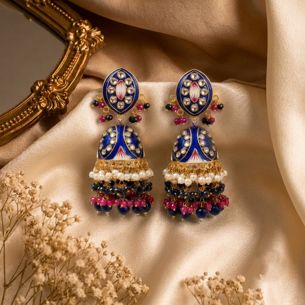 Zarvika Jaipuri Hand painted Meenakari Earrings with Kundan
