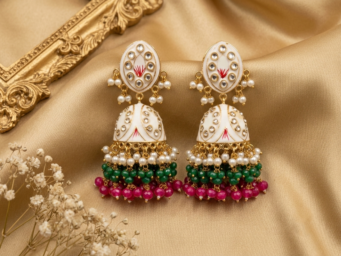 Zarvika Jaipuri Hand painted Meenakari Earrings with Kundan