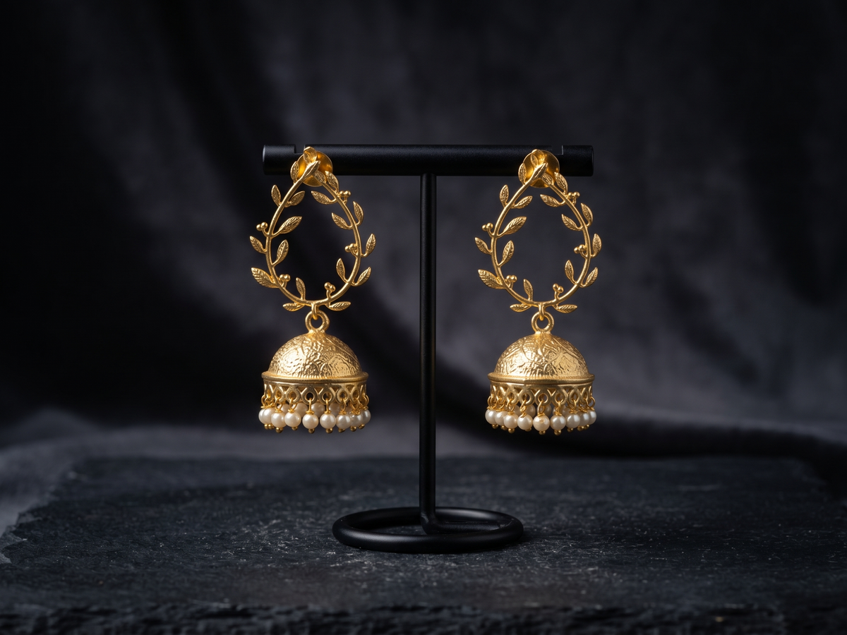 Zarvika Botanical Olive Leaf Gold Brass Jhumka