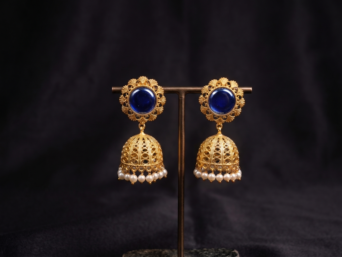Zarvika Royal Solitaire Cabochon Antique Gold Brass Jhumkas