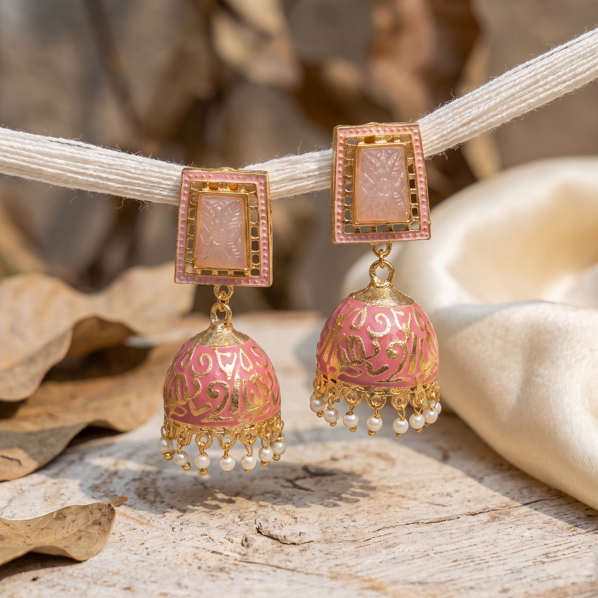 Zarvika Geometric Carved Stone Jaipuri Hand Painted Meenakari Jhumkas