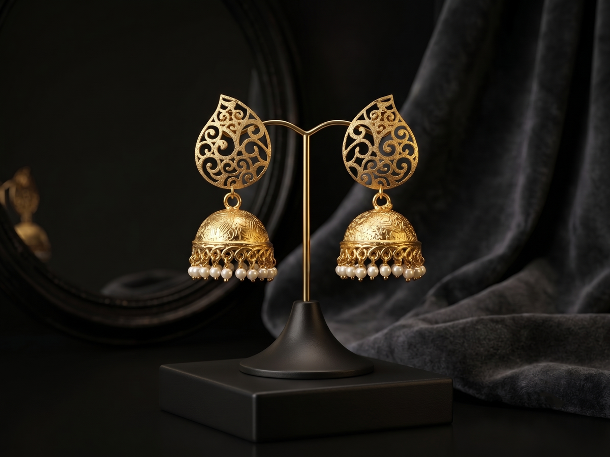 Zarvika Royal Teardrop Filigree Brass Gold Jhumkas