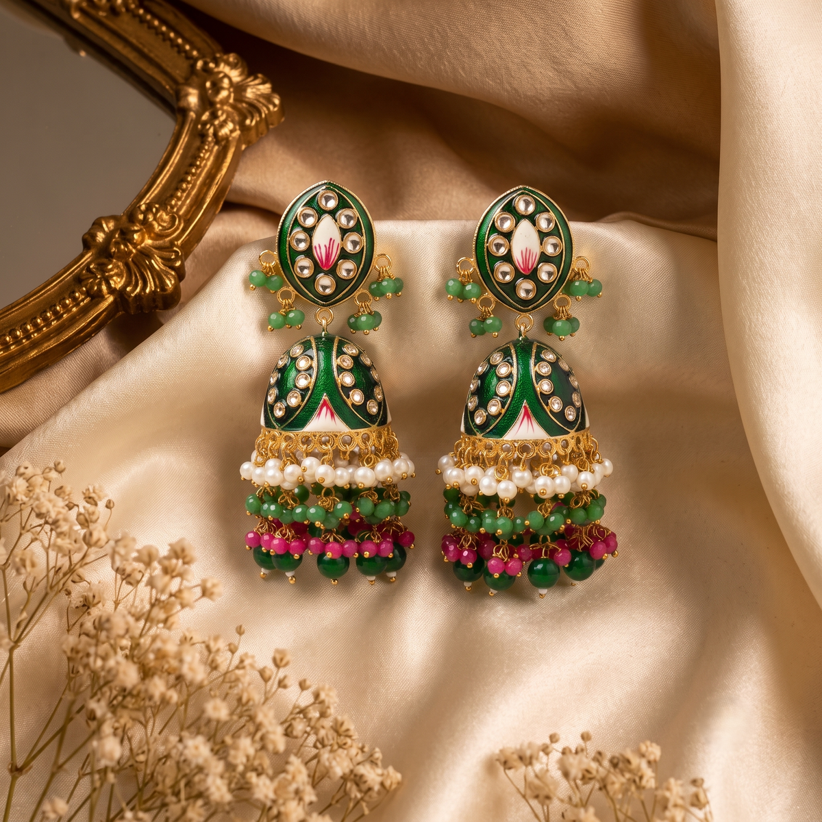 Zarvika Jaipuri Hand painted Meenakari Earrings with Kundan