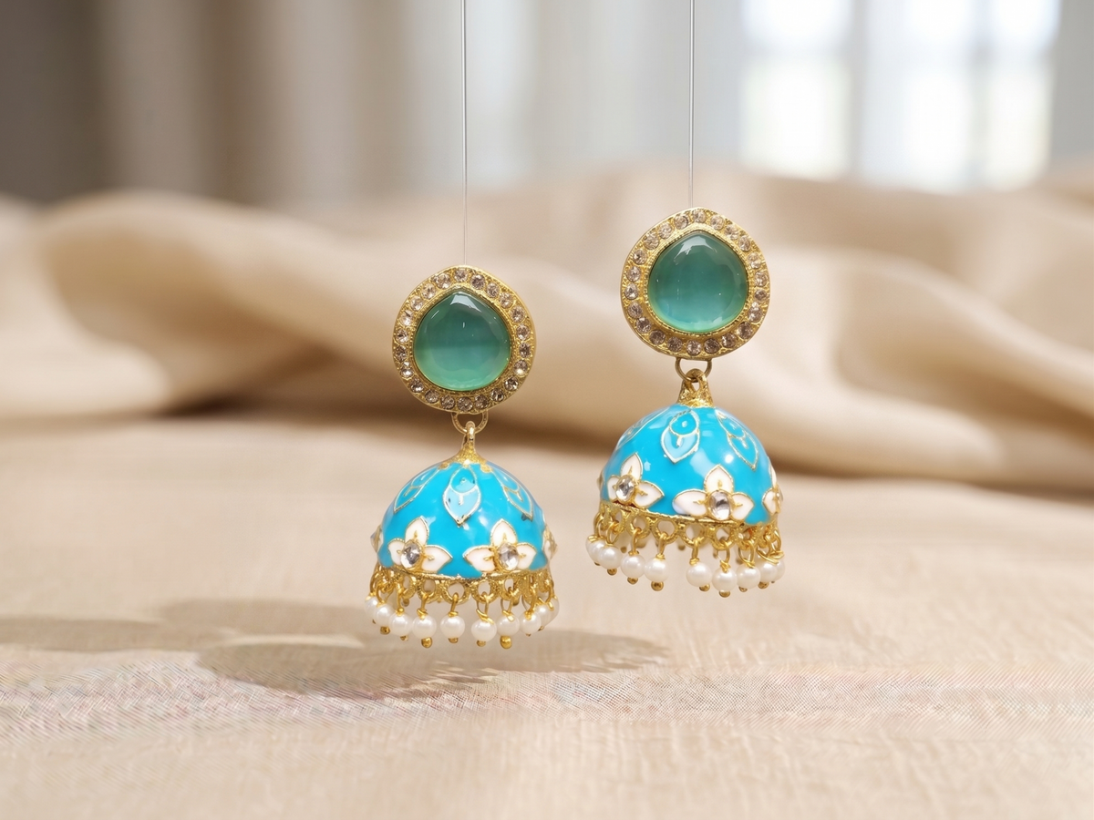 Zarvika Halo Cabochon Jaipuri Hand Painted Meenakari Jhumkas