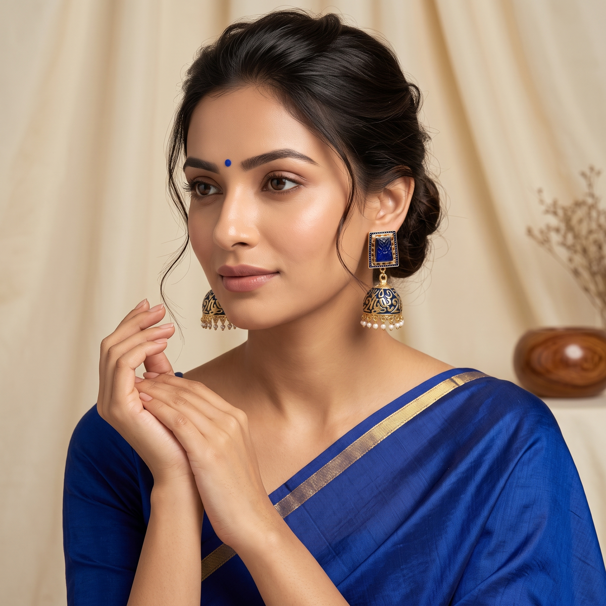 Zarvika Geometric Carved Stone Jaipuri Hand Painted Meenakari Jhumkas