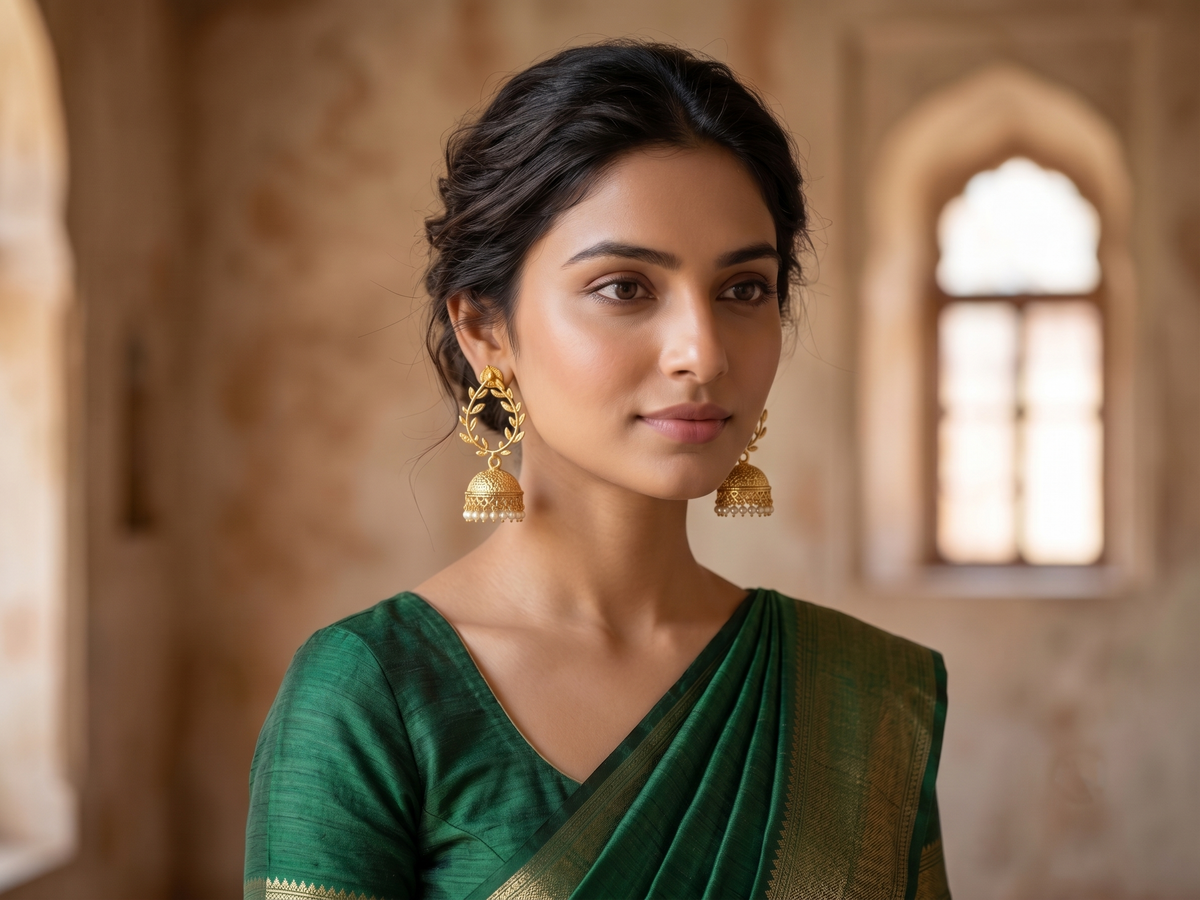 Zarvika Botanical Olive Leaf Gold Brass Jhumka