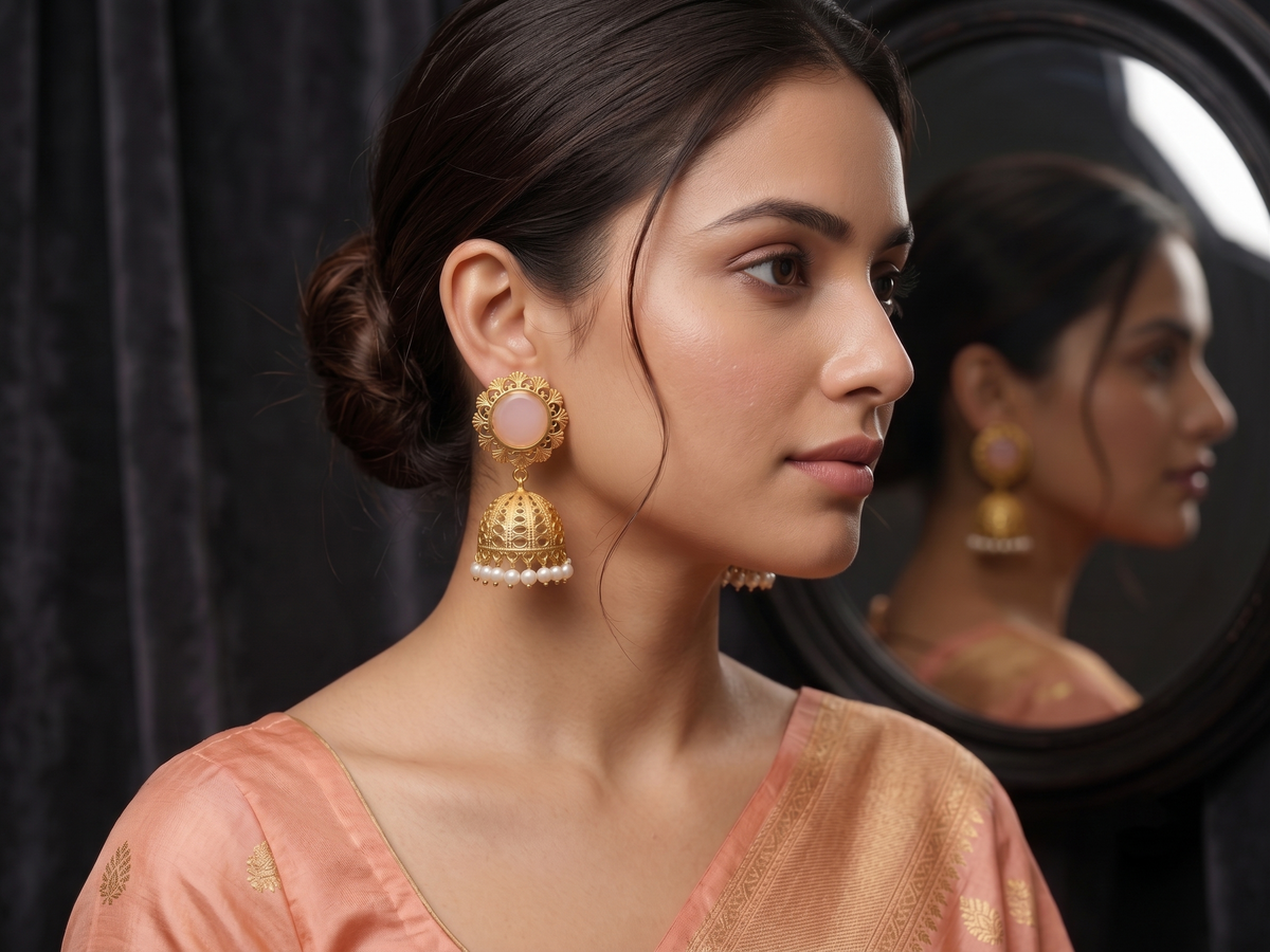 Zarvika Royal Solitaire Cabochon Antique Gold Brass Jhumkas