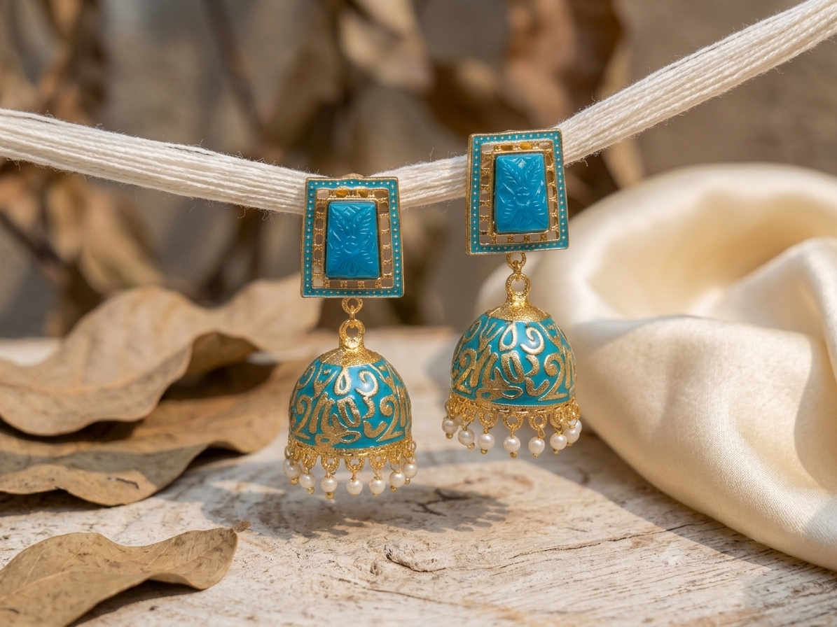 Zarvika Geometric Carved Stone Jaipuri Hand Painted Meenakari Jhumkas