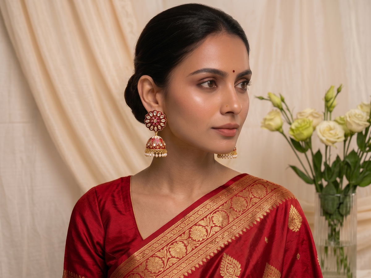 Zarvika Floral Bloom Hand-Painted Jaipuri Meenakari Jhumkas