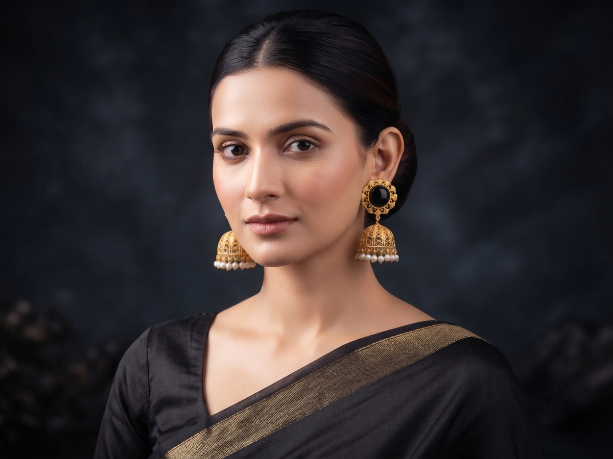 Zarvika Royal Solitaire Cabochon Antique Gold Brass Jhumkas