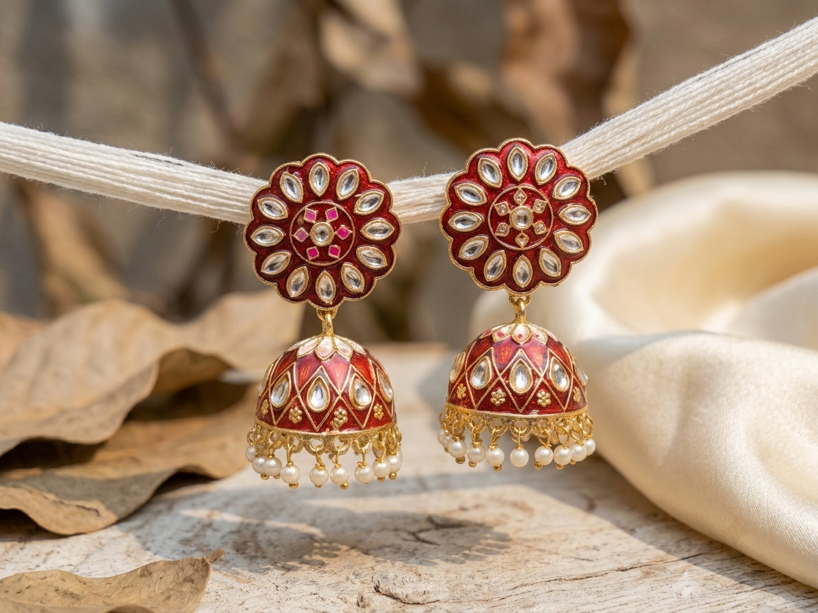 Zarvika Floral Bloom Hand-Painted Jaipuri Meenakari Jhumkas