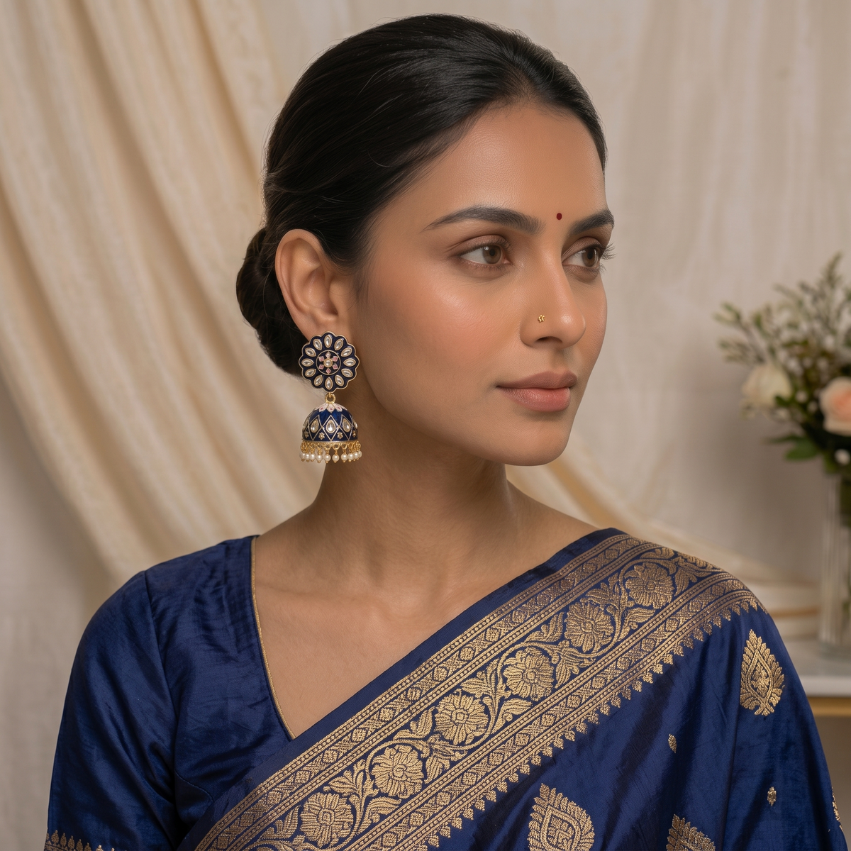 Zarvika Floral Bloom Hand-Painted Jaipuri Meenakari Jhumkas