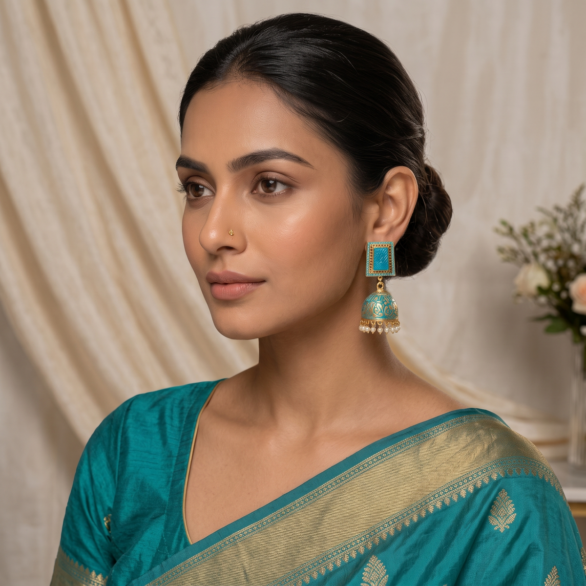 Zarvika Geometric Carved Stone Jaipuri Hand Painted Meenakari Jhumkas