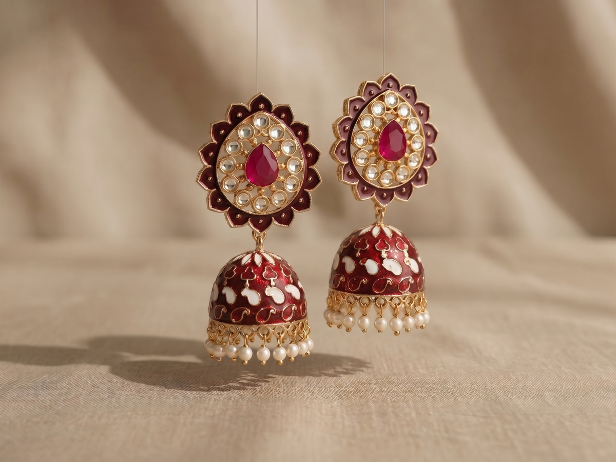 Zarvika Jaipur Hand Painted Earrings with Ruby Glass Stone