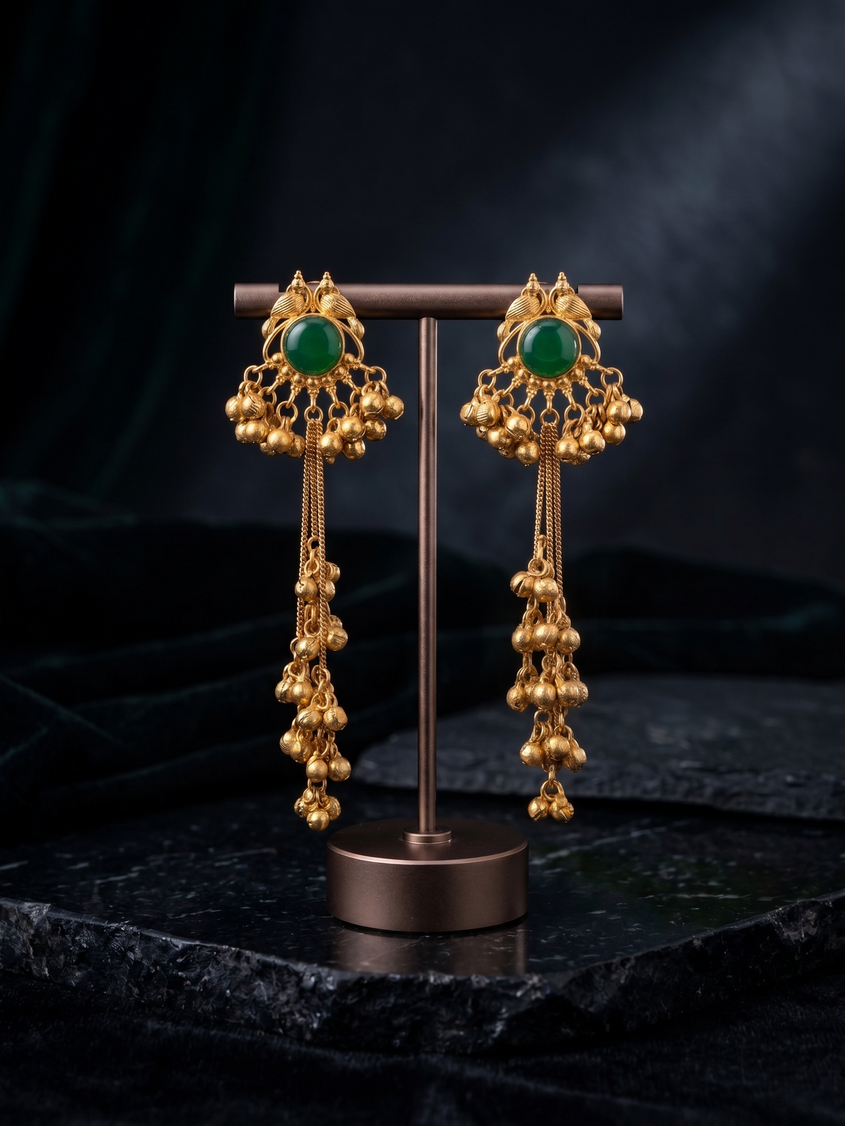 Zarvika Kashmiri Gold Mayur Chandelier Earrings with Hanging Ghungroo