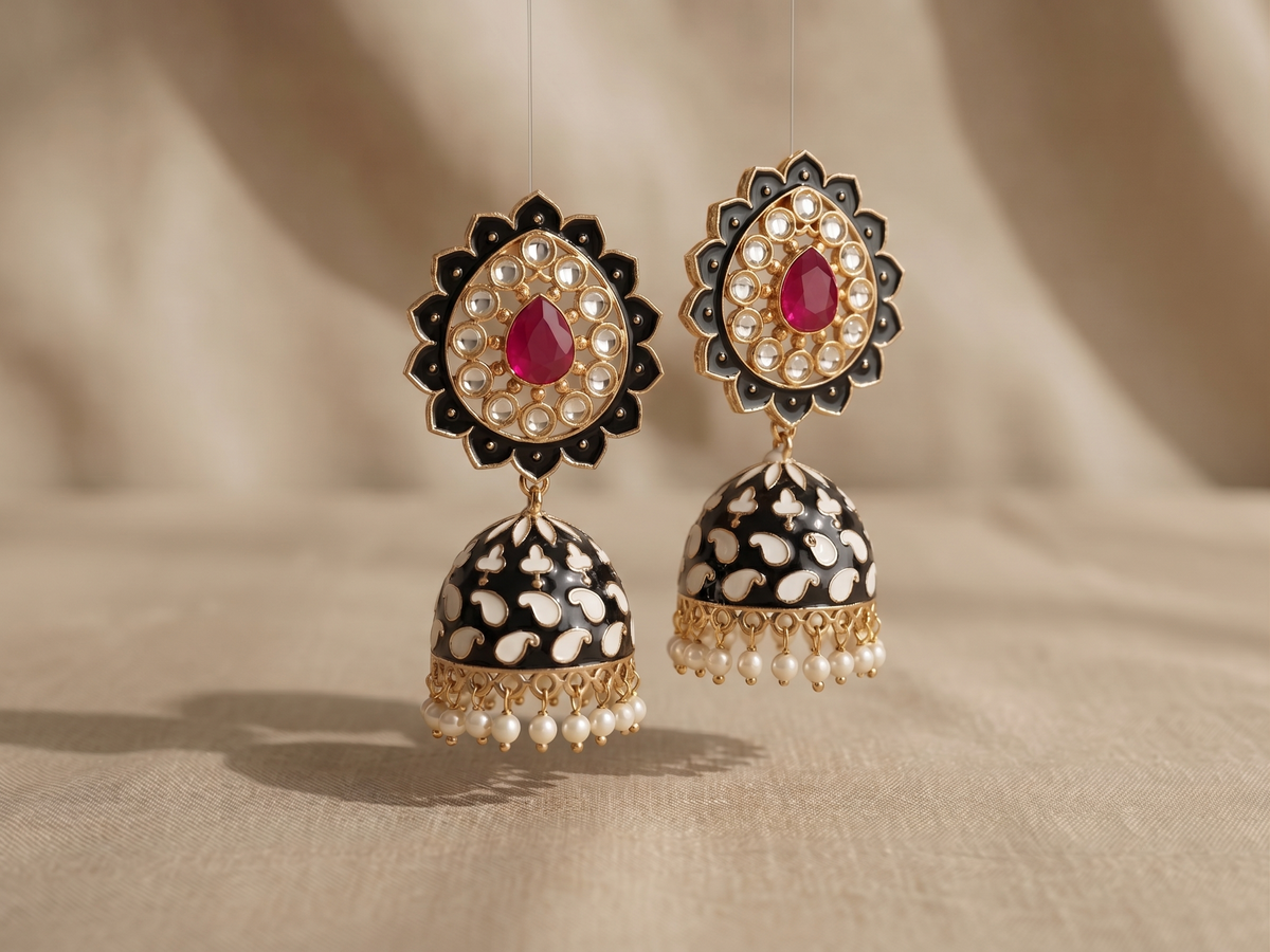 Zarvika Jaipur Hand Painted Earrings with Ruby Glass Stone