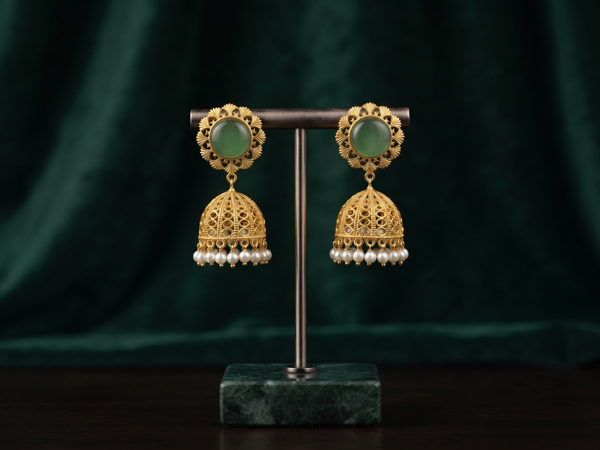 Zarvika Royal Solitaire Cabochon Antique Gold Brass Jhumkas