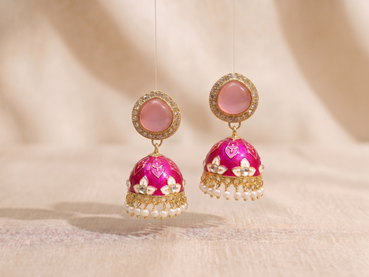 Zarvika Halo Cabochon Jaipuri Hand Painted Meenakari Jhumkas