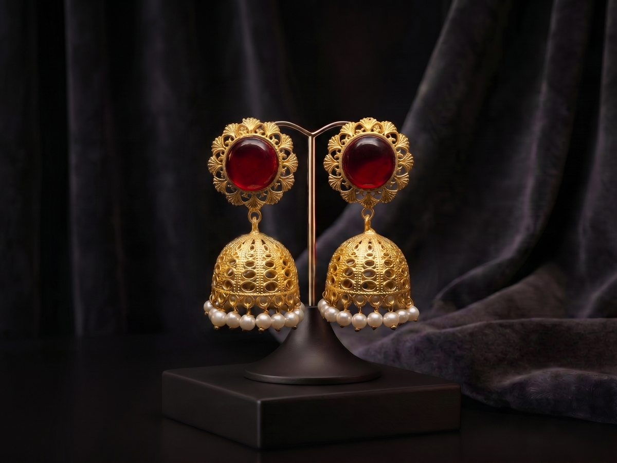 Zarvika Royal Solitaire Cabochon Antique Gold Brass Jhumkas