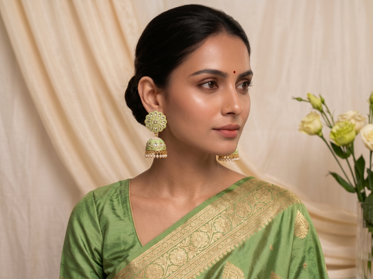 Zarvika Floral Bloom Hand-Painted Jaipuri Meenakari Jhumkas