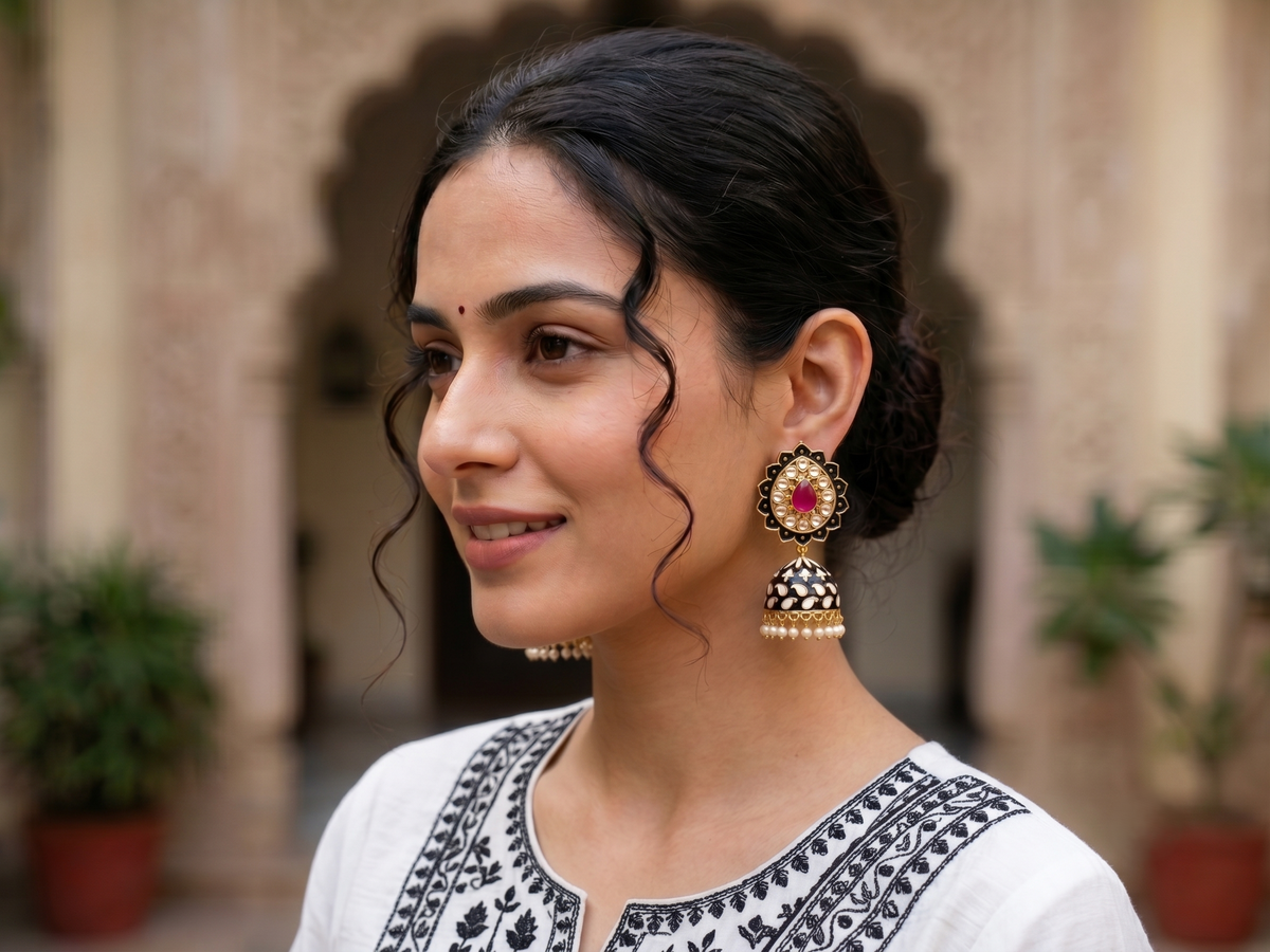 Zarvika Jaipur Hand Painted Earrings with Ruby Glass Stone