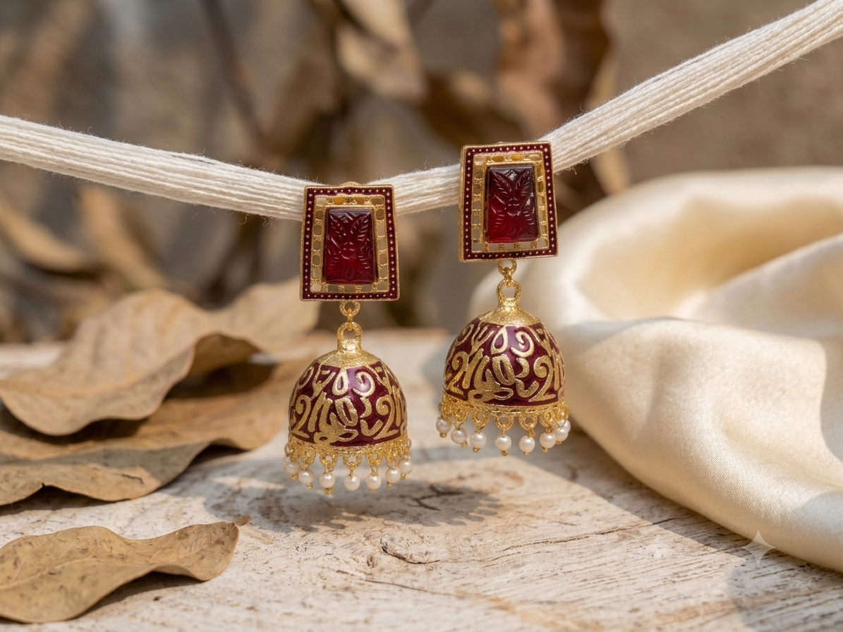 Zarvika Geometric Carved Stone Jaipuri Hand Painted Meenakari Jhumkas