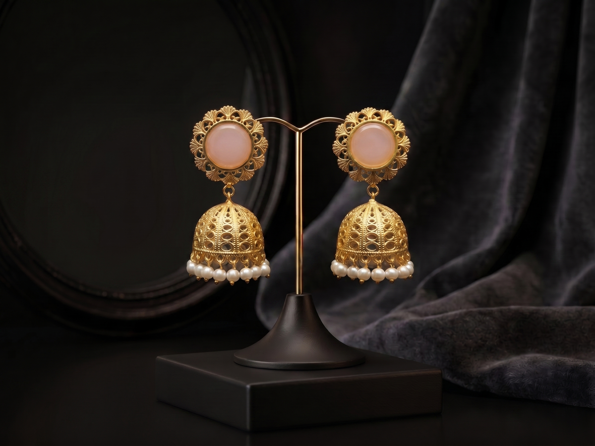 Zarvika Royal Solitaire Cabochon Antique Gold Brass Jhumkas